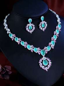 1 set colier și cercei cu zirconiu cubic în formă de lacrimă verde deschis, cu frunze roz, placați cu argint și zircon cubic, pentru femei, nuntă, logodnă, bal, club de noapte, concurs de nuntă