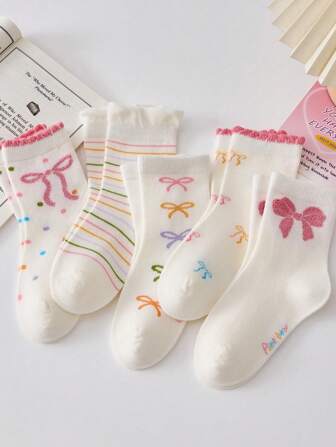 3 pares de calcetines hasta el tobillo para niñas con diseño de rayas y moños, estilo princesa rosa dulce; calcetines con volantes florales; calcetines tubo suaves y cómodos para uso diario; versátiles para las cuatro estaciones; colores aleatorios