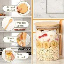 1/2pcs Transparent Glass Breakfast Jars With Bamboo Lids & Spoon, Layered Yogurt Cups With Spoon Holder, Reusable Overnight Oats Containers - Perfect For Yogurt, Oatmeal, Smoothie Bowls, Desserts & Snacks, Ideal For Meal Prep, Office Lunch, Travel, Leak-Proof Design Keeps Food Fresh, Easy To Clean, Essential For Health-Conscious People