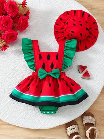 2pcs/Set Baby Girls' Casual Outdoor Cute Sweet Watermelon Print Bodysuit And Hat, Fashion Summer Outfit