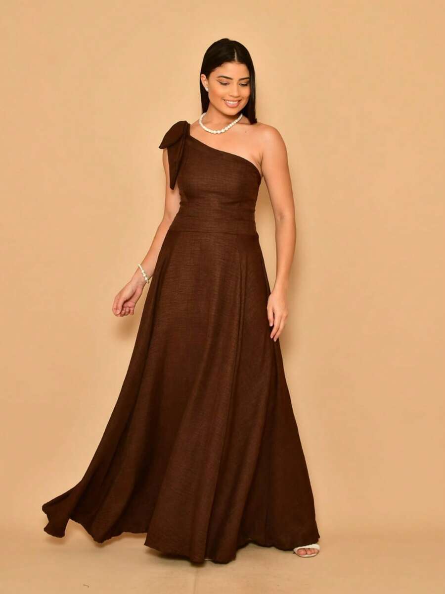 Helena Long Dress Luxury Plain Duna Linen With Bow One Shoulder - 棕色 - 查看 1