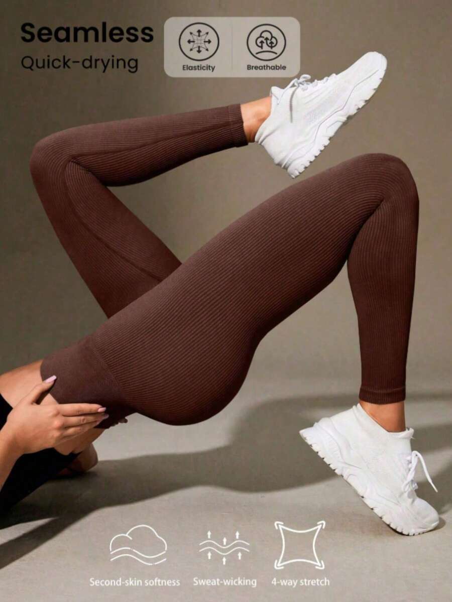 Ribbed Comfort Fit Leggings – Perfect For Everyday Style - 咖啡棕 - 查看 1