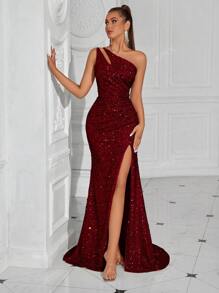 ADYCE Ladies Sequin Ruched Front Slit Backless Party Club Cocktail Dress, Elegant Formal Evening Prom Gown, For Wedding Guest, Dinner,Graduation Dress