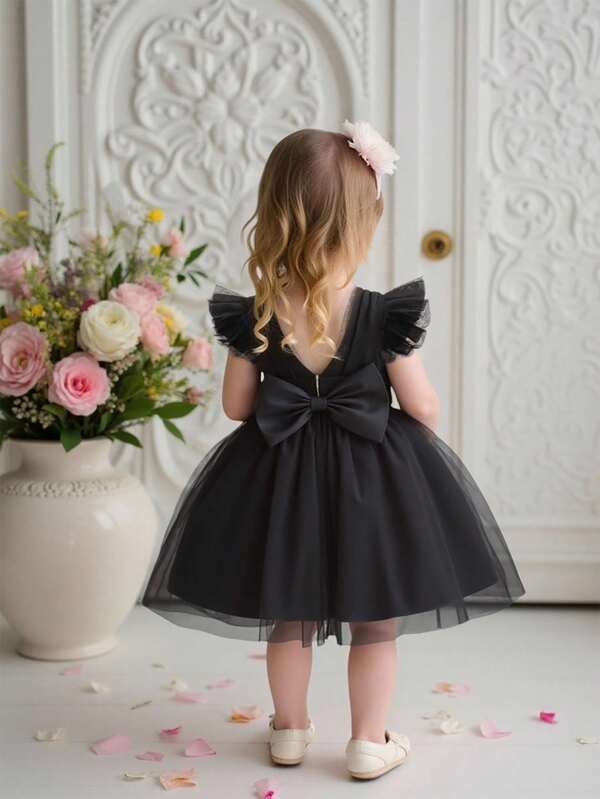 Baby Girls' Solid Color Mesh Back Bow Decor Tutu, Cute & Flower Girl Dress For Outdoor Party, Without Headpiece
