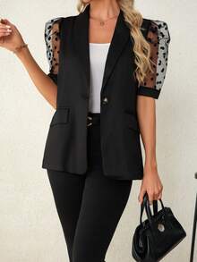 Women's Fashionable And Elegant Short Sleeve Jacket, Mesh Polka Dot Puff Sleeve Blazer, Spring/Summer