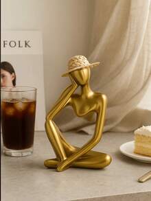 1/3件套金色抽象思想者雕塑，配有可拆卸草帽，艺术树脂雕像套装，适用于家居装饰、毕业礼物、办公桌或书架摆放 - 彩色 - 查看 3