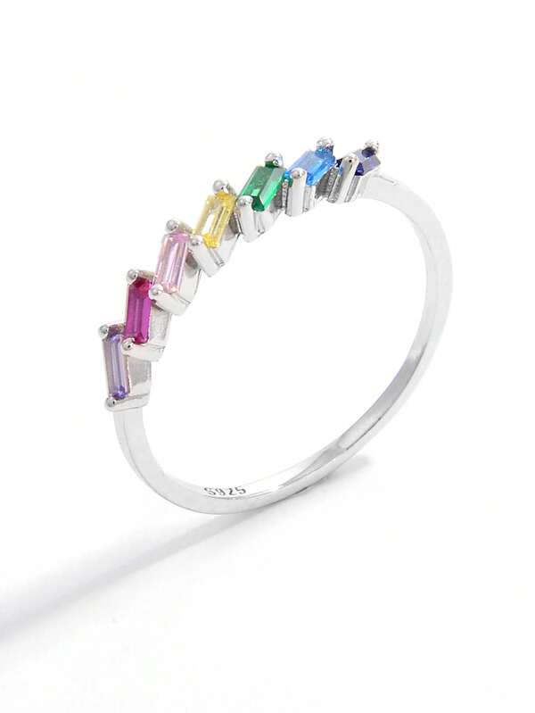 1pc Elegant Fashionable Minimalist Classic 925 Silver Half Circle Colorful Geometric Design Ring, Women Party Accessory, Jewelry Gift To Show Charm