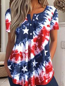 Summer Women's Casual Tie-Dye American Flag Star Print Round Neck Short Sleeve Button-Up Shirt Suitable For American Independence Day Large Size T-Shirt Slim Fit