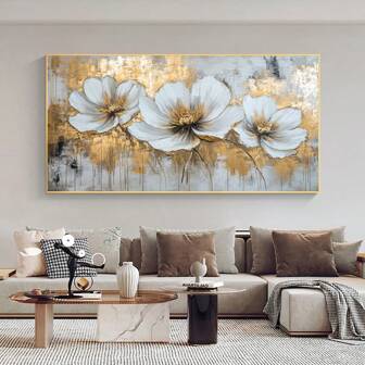 1 Stück modernes abstraktes goldenes Blumen Leinwandbild, rahmenloses Wanddekoration für Wohnzimmer und Schlafzimmer, elegantes Blumenmotiv mit weißen Blüten und goldenen Akzenten, Wohnzimmerdekoration | Elegante Wandkunst | Struktur Leinwand, Wanddekoration, OHNE Rahmen