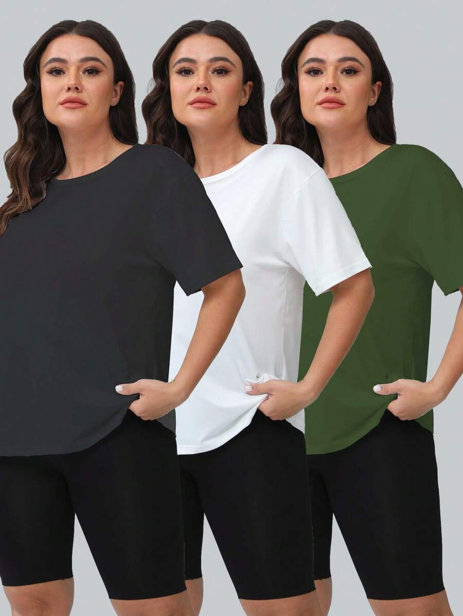 Set de 3 piese pentru femei, mărime plus, culoare solidă, mânecă scurtă, guler rotund, tricou sport casual