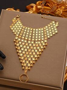 1pc Fashionable New Metal Woven Beads Tassel Finger Ring Bracelet, Middle Eastern Luxury Palace Style, Suitable For Party & Festival Wear - Yellow Gold - View 9