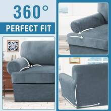 Sofa Cover 3 Piece T Cushion Loveseat Slipcovers Thick Velvet Couch Cover Stretch T Cushion Sofa Covers For 2 Cushion Couch With 2 Individual T Cushion Covers Washable, Stone Blue - Stone Blue - 查看 8