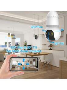 E27 Bulb Camera 1080P HD Night Vision Security Camera, Built-In 2 LED Lights Automatic Dual-Way Audio Tracking Camera, Wireless 360° Panoramic Auto Tracking Smart Home Camera