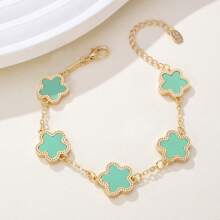 1pc Colorful Shell Inlaid Clover Charm Flower Chain Bracelet, Fashionable & Elegant For Women & Girls