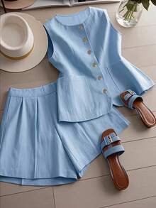 2pcs/Set Women Sleeveless Solid Color Vest And Shorts, Fashionable For Summer - Blue - View 3