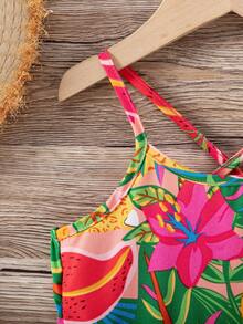 Young Girl Tropical Print Cami Lace Splice Dress, Casual & Fashionable For Everyday & Outdoor Wear, Summer - Multicolor - View 4