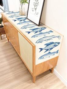 1pc Ocean Theme Printed Table Runner, 4/6/8pcs Ocean Printed Placemats, Suitable For Holidays, Parties, Birthdays, Dinners, Kitchen & Dining Room Decor, Year-Round Home Decoration, Table Linens - Blue and White - View 12