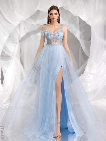 Romantico ed elegante abito formale blu con scollo a V, impreziosito da cristalli, adatto per gala, matrimoni e altre occasioni formali