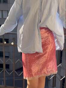 Women's Summer Skirts Sequins Lace Trim Elastic Waist See Through Short Pencil Skirts - 粉色 - 查看 2