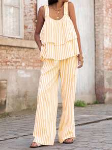 Women Elastic Strap Loose Layered Top And Wide Leg Drawstring Pants Set, Casual For Daily Wear, Holiday & Spring/Summer - Yellow and White Stripes - View 3