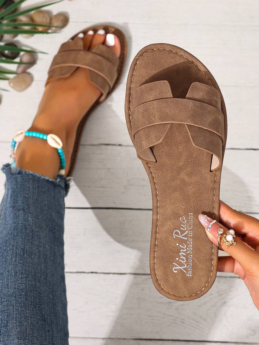 Korean Casual Flat Slippers For Women, Open Toe, Braided Roman Style, Spring/Summer New, Fashion French Style For Dresses, Suitable For Beach, Outdoor, Home, Brown