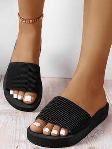 女士简约休闲新款黑色平底拖鞋，舒适轻便室内拖鞋，适合学生、沙滩、夏威夷 - 黑色 - 查看 3