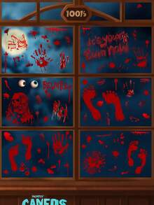 84 件（9 张）- 万圣节装饰、84 件万圣节窗贴、9 张血手印脚印万圣节墙贴地板贴、恐怖万圣节装饰窗贴、万圣节血印静电浴室玻璃窗贴 - 紅色 - 查看 6