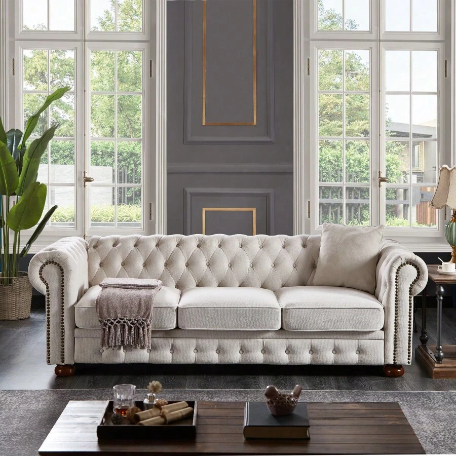 Chesterfield Sofa Beige Linen Fabric (Beige)-1515 - Multicolor - View 1