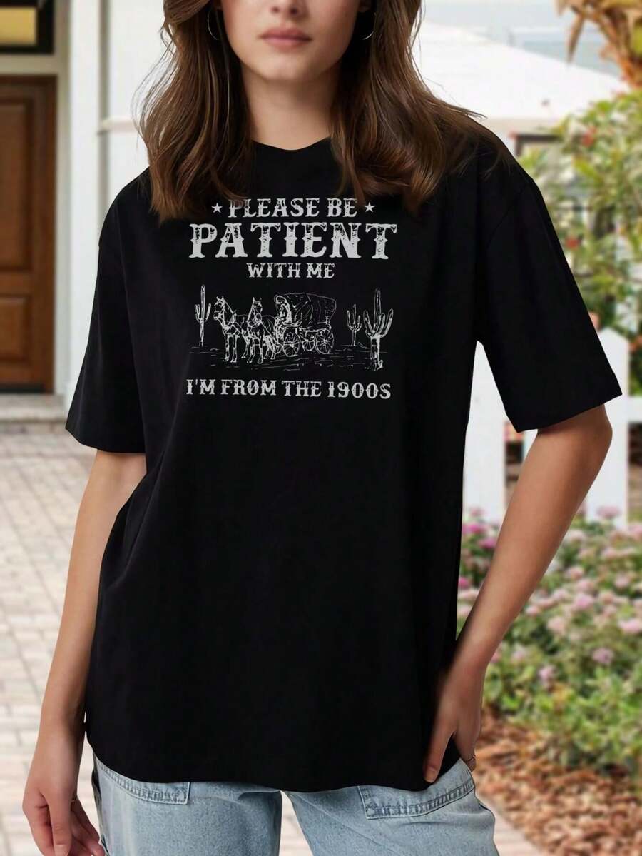 Camiseta informal de mujer estilo western, diseño gráfico de cactus y carro, camiseta casual de mezcla de algodón, tallas grandes disponibles - Negro - Ver 1