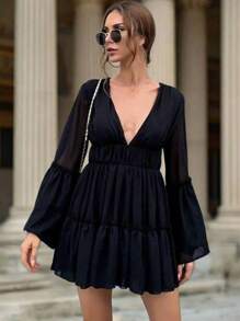 Missord Plunging Neck Frill Ruffle Hem Chiffon Dress