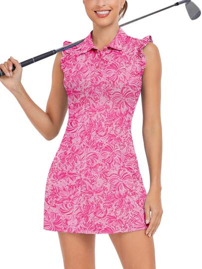 Women's Tennis Golf Dress With Shorts Button Down Ruffle Sleeveless Athletic Polo Dresses For Women With Pockets