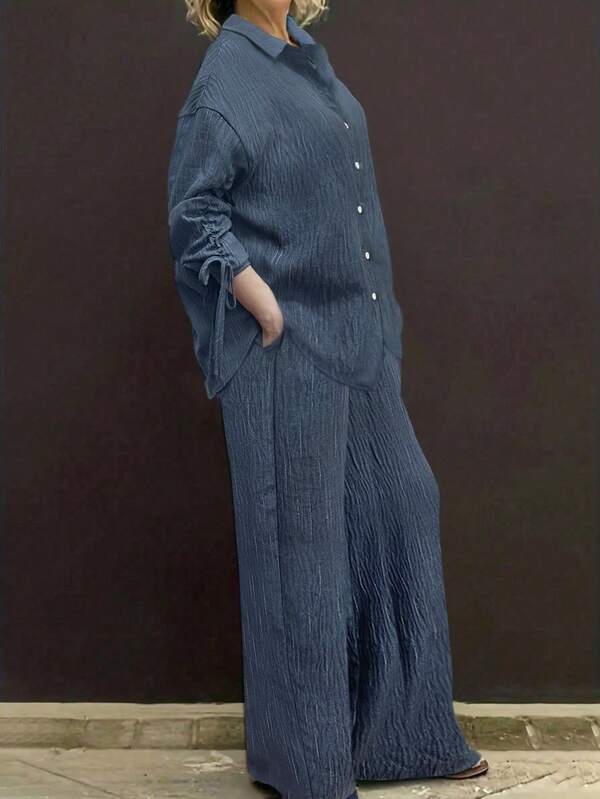 مجموعة من قطعتين للنساء، كارديجان مع ياقة بولو وبنطال واسع الساق، أحادي الصدر، ملابس علوية علوي أنيق بلون أحادي والبنطلون الفضفاض، قماش ناعم ومريح، خصر مرن، بجيوب، مناسب للأعياد والعطلات على الشاطئ، والتنقل اليومي، والعمل والتسوق