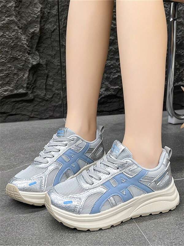 Fashionable Colorblock Women Sports Shoes, Mesh Material Breathable, Thick Sole Design Comfortable Shock-Absorbing, Suitable For Daily Wear And Sports