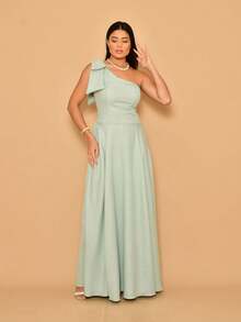 Helena Long Dress Luxury Plain Duna Linen With Bow One Shoulder - Màu xanh Bạc hà - Xem 3