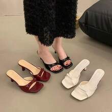 High Heel Slippers For Women 2025 New Summer Outdoor Square Toe Stiletto One-Strap Bowknot Sandals Versatile Elegant Girl Shoe - Burgundy - View 3
