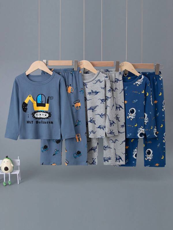 6 piezas Conjunto de pijama para niños con estampado de dinosaurio, excavadora y avión de algodón, ligero para primavera y otoño, estampado de dibujos animados en todo el conjunto