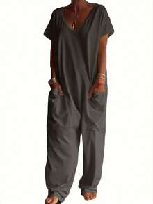 Women's Casual Solid Color V-Neck Pocket Short Sleeve Jumpsuits Summer Elegant - Dark Grey - View 3