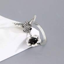 Vintage Retro Legierung Kolibri & Blumen Element Design offener Ring