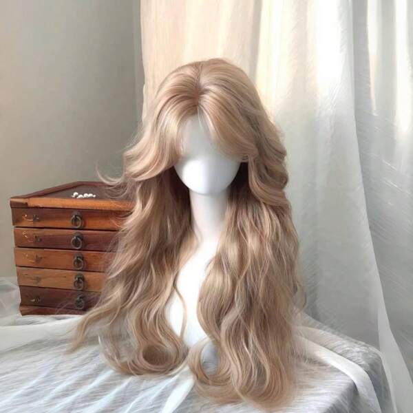 Perücke für Damen, Mittelscheitel, raffinierter Style, cremeweiß, beige, lange Lockenperücke