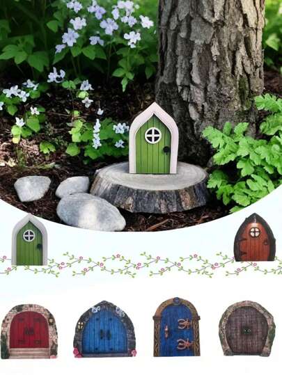 6 piezas Casa en miniatura de estilo cuento de hadas del árbol del mundo para decoración de tocón de jardín exterior, kit de paisaje a escala micro de jardín de hadas con decoración de entrada, tabla de madera personalizada linda decoración de arte de jardín plana y 3D, adornos pequeños de árbol de hadas para el hogar