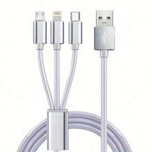 1pc 3-IN-1 Fast Cables, Compatible With IPhone, Type-C Phones, Android Phones. Nylon Braided USB Charging Cable, Universal Fast Charge USB To Lightning/Type-C/Micro USB Connector Cord, Data Transmission Compatible With IPhone, Compatible With Samsung, Fast Charging Usb Data Cable Usb Fast Multiple Charging Cable Colorful Type C Micro Charger Cable MFi Certified