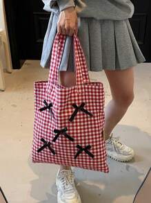 Large Capacity Plaid Bow Decor Handbag & Shoulder Bag For Women, Students School Tote Bag, Commute & Travel Diaper Bag