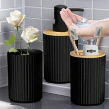 4 pièces/set Ensemble d'accessoires de salle de bain nordique, Bouteille de distribution de shampoing, gel douche et désinfectant, Porte-brosse à dents, Gobelet pour rince-bouche, Palettes Ensemble de salle de bain Rentrée scolaire