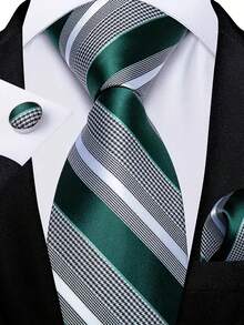 男士领带套装经典时尚条纹领带套装带袖扣适合商务聚会 - 綠色 - 查看 6