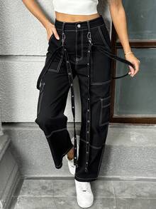 Quần dài tiện dụng thường ngày có dây rút vải chắp vá cho nữ - màu đen - Xem 3