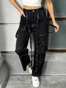 Pantalones casuales de mujer tipo utility con parches y cordón con ojetes