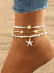 3pcs/Set Boho Style Starfish Shell Beaded Anklets, Unique Beach Foot Chains