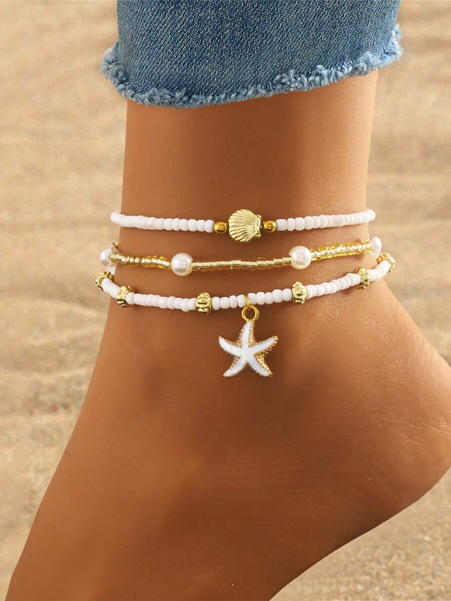 3pcs/Set Boho Style Starfish Shell Beaded Anklets, Unique Beach Foot Chains