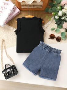 Set de 2 piezas elegante y de moda para niñas - Top de chaleco con volantes de unicolor y pantalones cortos vaqueros con parche decorativo de cintura elástica, adecuado para vacaciones, fiestas, uso casual y diario