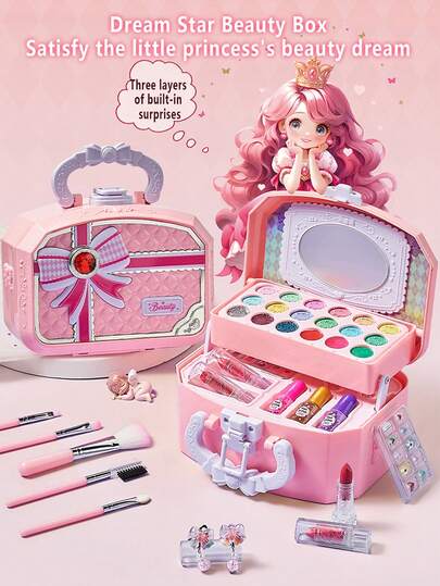 1pc Children Realistic Makeup Set, Girls Princess Makeup Carry Case, Performance Cosmetic Kit, Lip Gloss & Eyeshadow Gift Box, Makeup Treasure Chest Multilayer Gift Set, Girls Birthday Gift
